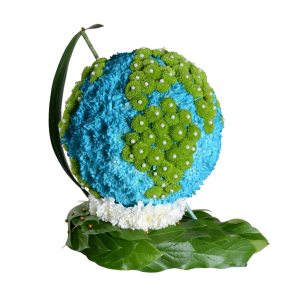 En jordglob formad av blommor, där blå blommor representerar haven och gröna blommor med vita knoppar representerar kontinenterna, omgiven av gröna blad.